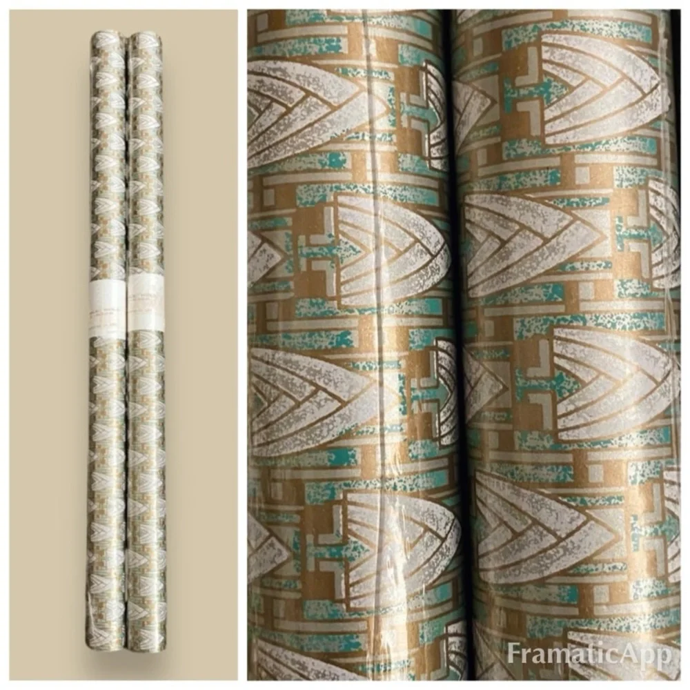 NOS NEW 2 Rolls Wallpaper Art Deco Aqua & Gold DOUBLE ROLLS